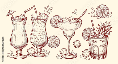 Beach summer vacation naive outline sketch vector illustration of refreshing drinks