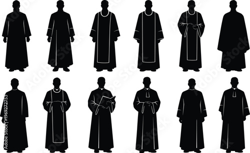 Religious clergy robes silhouette vector set, priest vestments collection, Christian liturgical garment design, ceremonial outfit icons, traditional churchwear clipart