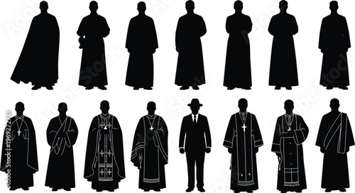 Religious clergy silhouette vector set, Catholic priest and bishop figures, Christian church leader illustrations, traditional robe costume collection, religious attire clipart
