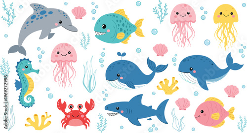 Cute Underwater Sea Life Vector Set with Whale, Shark, Dolphin, Crab, Seahorse, and Jellyfish Characters for Kids Nursery Wall Art and Marine Pattern Designs