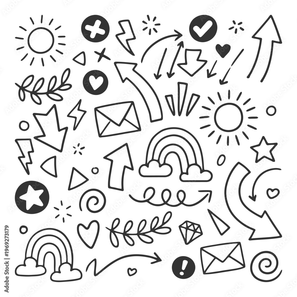 Fototapeta premium Doodle Element. Arrows, Sun, Rainbows, Hearts and More