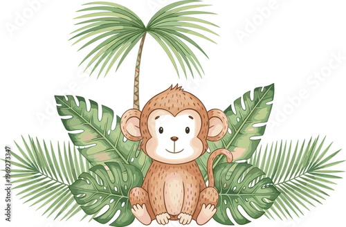 Cute Baby Monkey Vector Illustration Featuring a Little Jungle Character Sitting Among Tropical Palm Leaves and Monstera Foliage for Nursery Art Designs