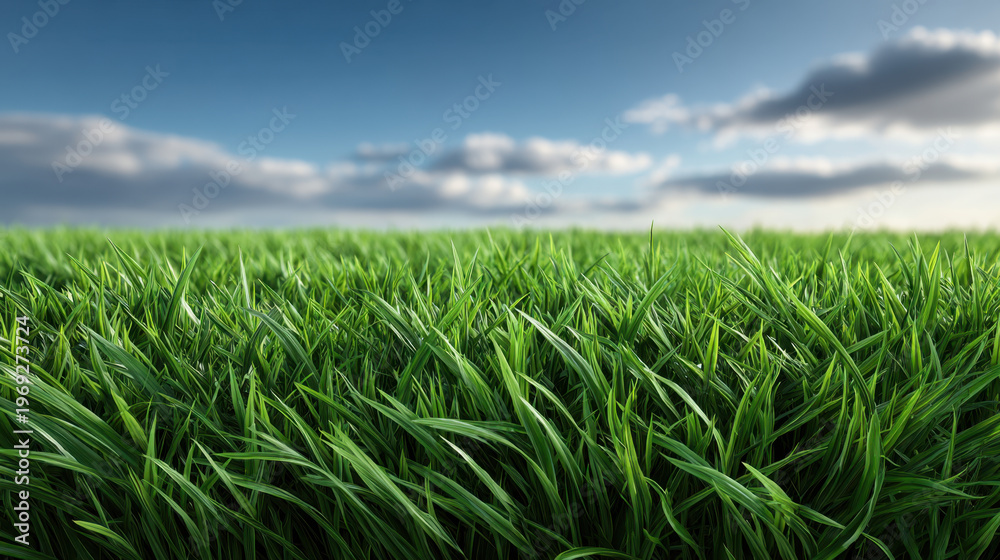 Fototapeta premium Artificial grass field under blue sky with cloud, natural outdoor background for landscape and copy space