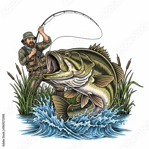 Bass fishing illustration with angler and reeds isolated on white background.