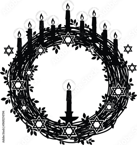 Hanukkah celebration with menorah and Star of David symbols