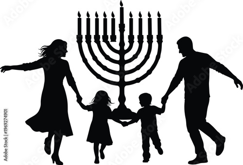 Happy family celebrating Hanukkah with menorah in a joyful moment