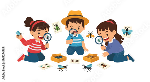 Three curious children investigate a collection of colorful insects using magnifying glasses, exploring the fascinating world of bugs together.