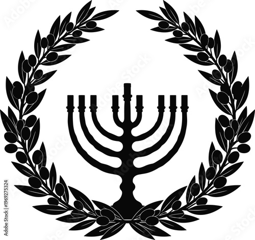 Menorah surrounded by olive branches in a traditional Jewish symbol