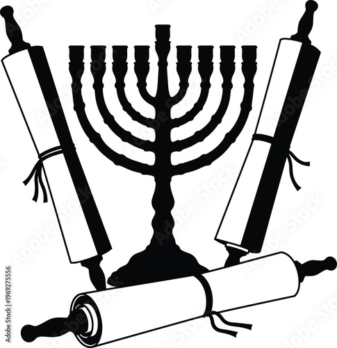 Menorah with Torah scrolls in traditional Jewish symbols