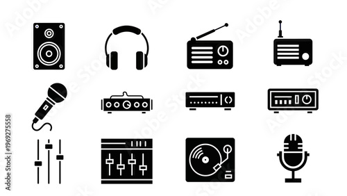 Audio Equipment Icons Set Vector Illustration Featuring Professional Sound Recording and Music Production Gear for Multimedia Design Projects