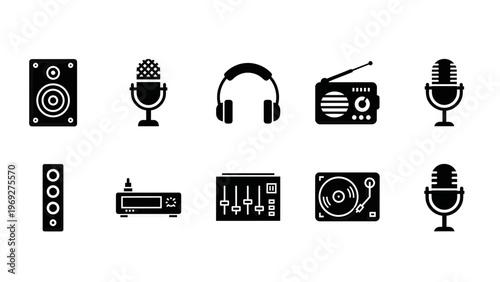 Audio Equipment and Music Production Icons Vector Illustration Set for Sound Engineering and Broadcasting Media Design Projects