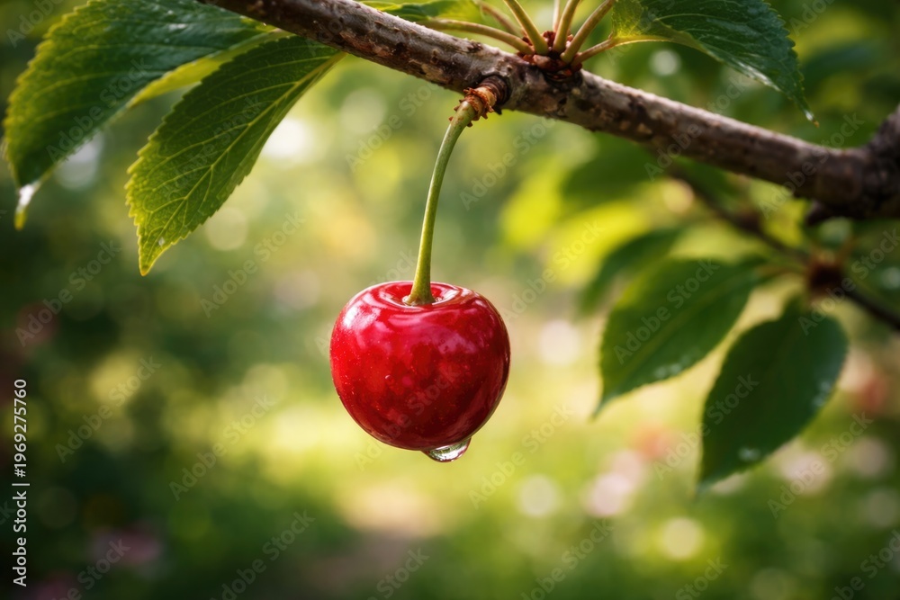 Obraz premium A young cherry fruit hanging on tree branch with soft garden background