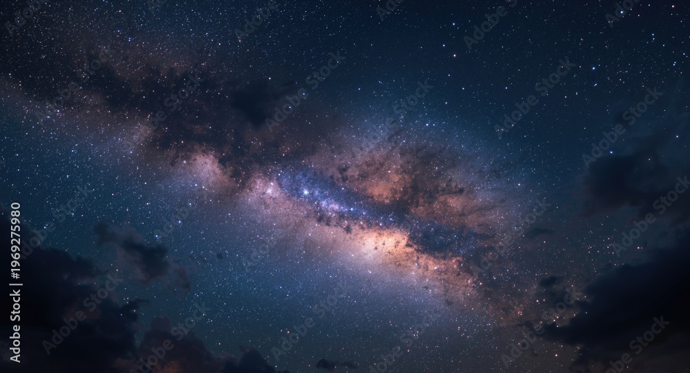 Fototapeta premium Wide angle cosmos scene with twinkling stars clouds and vibrant space clouds