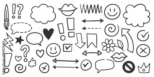 Doodle Icons Set. Speech Bubbles, Emotions, Arrows, Symbols