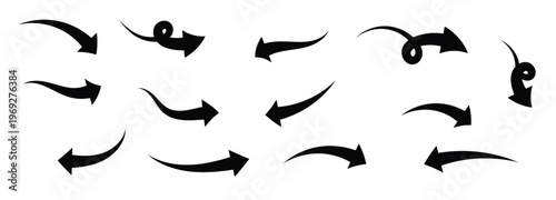 Hand drawn curved arrow. Black hand drawn doodle sketch curved and swirly arrows collection.