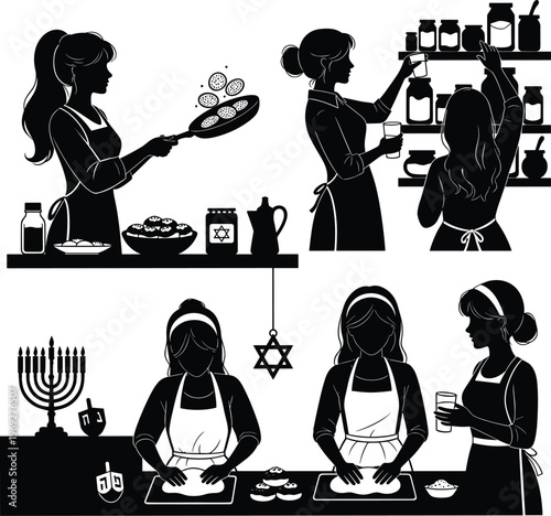 Women cooking and preparing food in kitchen for Hanukkah celebration