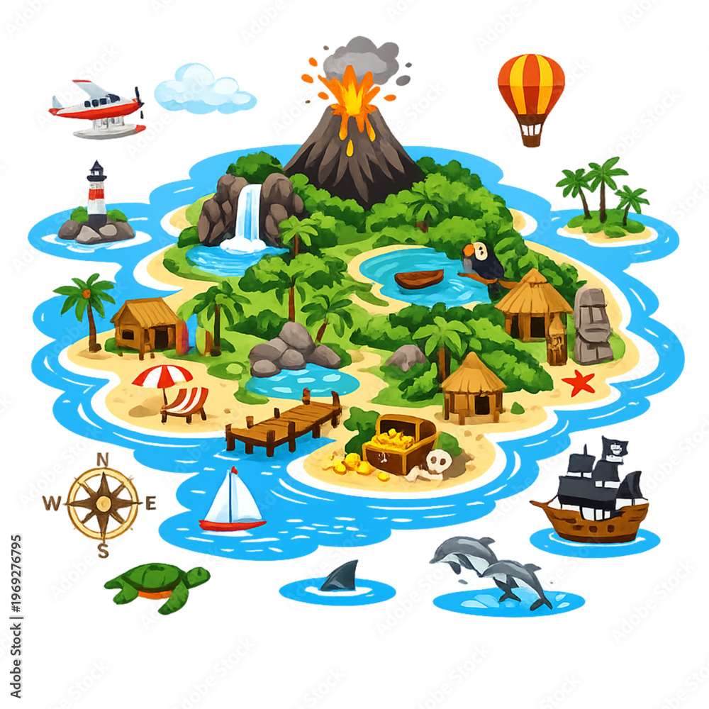 Naklejka premium tropical island adventure map, island map illustration, tropical treasure map, pirate island map, beach island map design, island exploration map, tropical vacation map, island route illustration, oce