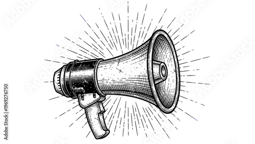 Megaphone Vector Illustration, Vintage Engraved Style Graphic for Marketing Announcements and Promotional Campaigns