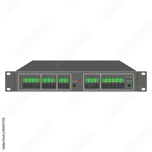 Rack Mount Network Switch Hardware Vector Illustration, Professional Data Center Equipment Mockup for Server Infrastructure and Telecommunications Technology Systems
