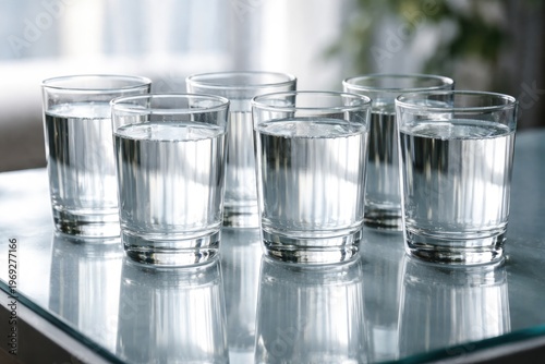 Six identical drinking glasses filled with clear liquid on a flat surface