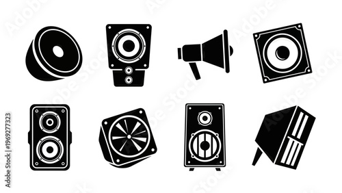 Set of Audio Speaker Icons Vector Illustration Featuring Various Sound Equipment Designs for Music Production and Media Projects