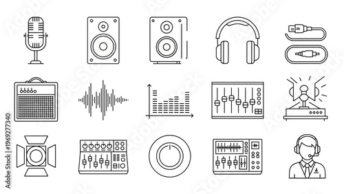 Set of Audio Recording and Sound Production Equipment Icons Vector Illustration for Music Studio and Podcasting Projects