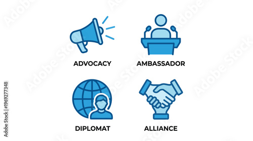 Vector graphic illustration Of advocacy ambassador diplomat and alliance icons in blue on white background