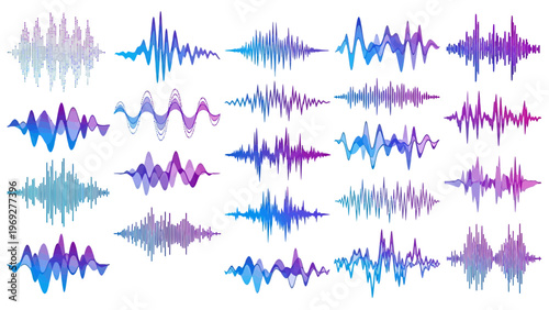 Set of Colorful Sound Wave Vector Illustrations, Abstract Audio Frequency Patterns for Music Production, Digital Signal Visualization and Modern Data Analysis Graphic Elements