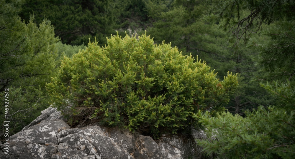 Fototapeta premium Evergreen juniper flourishing on a rocky ledge framed by dense surrounding trees