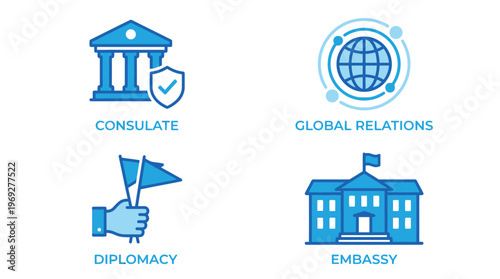 Vector graphic illustration Of international relations icons including consulate global relations diplomacy and embassy symbols in blue on white background