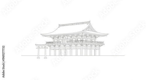 Minimalist Line Art of Traditional Japanese Temple and Torii Gate