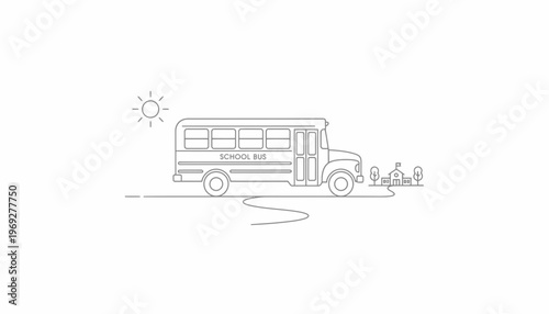 Minimalist Line Art School Bus Arriving at School Building Under Sunny Sky