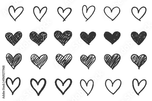 Hand Drawn Heart Shapes Collection - Doodle Style Black and White Icons