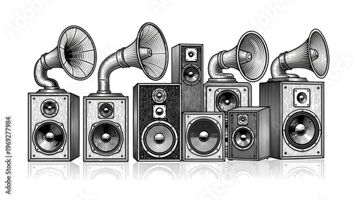 Vintage Gramophone Horns and Modern Speakers Vector Illustration, Audio Equipment Collection, Retro and Contemporary Sound System Graphic Design