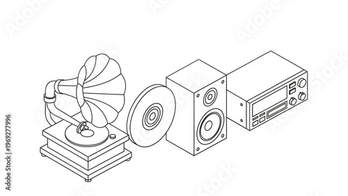 Vintage Gramophone and Modern Audio Equipment Vector Illustration, Retro Music Player with Speaker and CD Player Icon Set for Sound Technology Design Projects