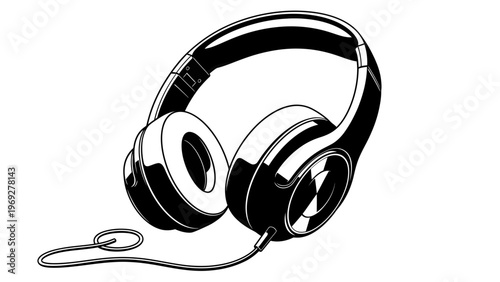 Wired Headphones Vector Illustration, High Contrast Black and White Graphic Design Element for Audio Technology and Music Concept Projects