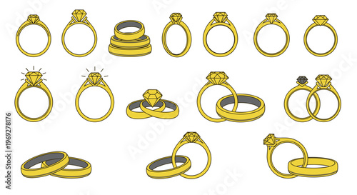 Collection of various gold rings with gems.