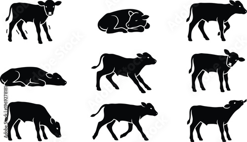 Dynamic bull silhouette vector collection. Features various poses of powerful oxen, including charging, standing, and aggressive stances. Ideal for financial market graphics and sports team logos.