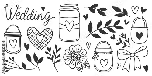 Wedding doodle elements. jars, hearts, leaves, flower, bow, hand-drawn style