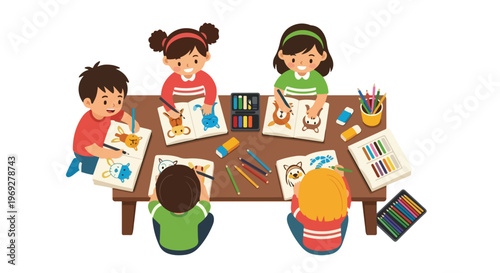 Five happy children are sitting around a brown wooden table, drawing and coloring various cute animals in their open sketchbooks together.