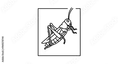 Minimalist Line Art Icon of a Grasshopper Hanging Upside Down Inside a Square Frame