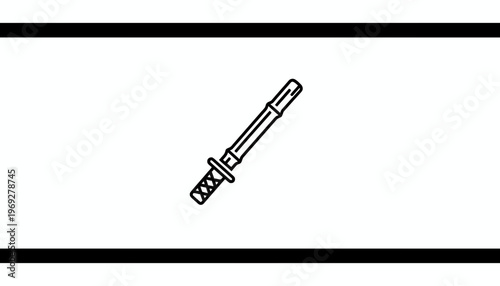 Minimalist Line Art Icon of a Japanese Katana Sword on White Background