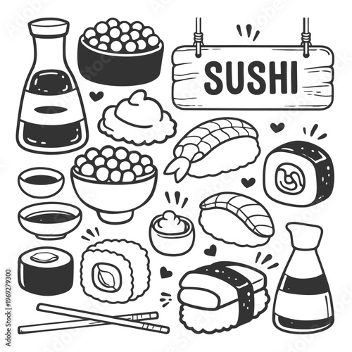Hand Drawn Sushi Assortment with Soy Sauce and Chopsticks