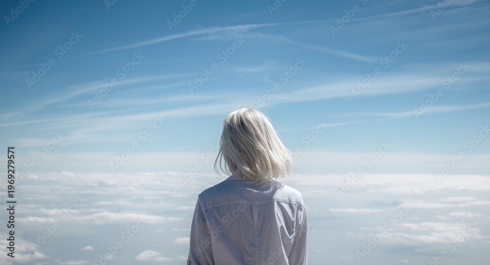 Fototapeta premium Tranquil white haired woman in a shirt reflecting on the vast sky above