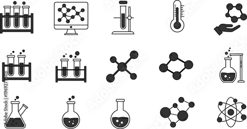 Science and chemistry icon collection with test tubes, flasks, molecules, atom, lab tools, perfect for education, research, STEM visuals