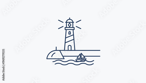 Minimalist Lighthouse Icon Guiding Sailboat on Wavy Sea, Coastal Navigation Symbol