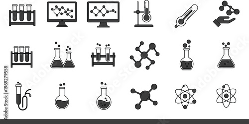Science and chemistry icons collection, laboratory tools, molecules, flasks, test tubes, atom symbols, perfect for education, research, and STEM visuals