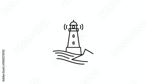 Minimalist Lighthouse Icon on Waves and Rocks, Nautical Navigation Symbol