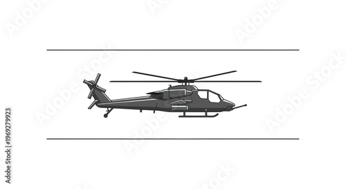 Military Attack Helicopter Silhouette, Side View, Vector Illustration