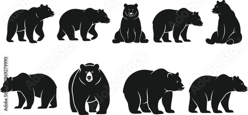 Set of black bear silhouette illustrations, wild animal vector collection, grizzly and brown bear designs, nature wildlife graphics, forest animal icons for logos and prints